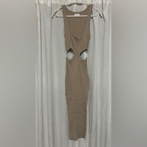 Nude Waist Cut-Out Ribbed Knit Leg-Slit Dress